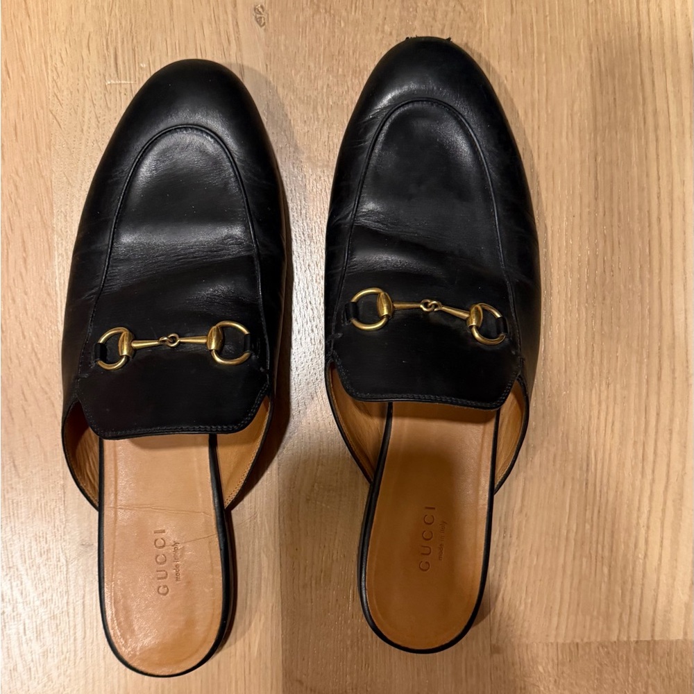 Gucci Princetown Black Leather Mules with Gold Accent
